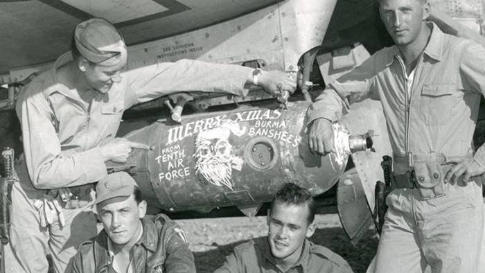 WW2 10th Air Force personnel with bomb