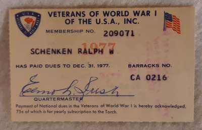Ralph Schenken veterans of World War 1 card
